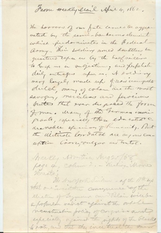 1869 ORIGINAL MANUSCRIPT NOTES AND OPINION ON THE EVILS OF RECONSTRUCTION FROM MONTGOMERY ALABAMA AND LIKELY HANDWRITTEN BY THE FUTURE GOVERNOR OF ALABAMA