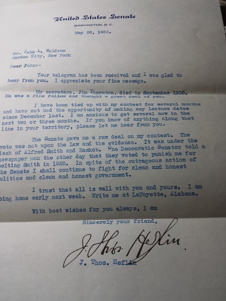 1932 ORIGINAL TYPED LETTER SIGNED BY ALABAMA'S MOST COLORFUL AND CONTROVERSIAL ANTI CIVIL RIGHTS LEGISLATORS WHO ALSO CREATED ONE OF AMERICA'S MOST BELOVED NATIONAL HOLIDAYS