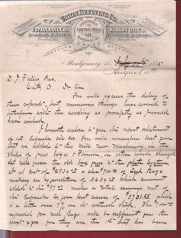 1885 ORIGINAL NINE PAGE AUTOGRAPHED LETTER HANDWRITTEN BY THE PRESIDENT OF THE UNION REFINING COMPANY IN MONTGOMERY ALABAMA TO HIS CORPORATE BANKERS IN CINCINNATI OHIO