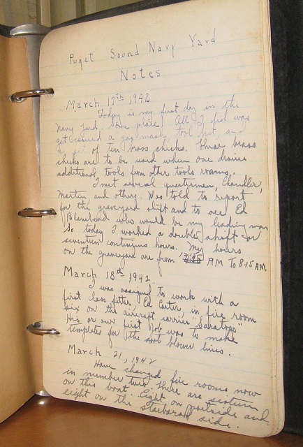 1942 - 1943 ORIGINAL MANUSCRIPT JOURNAL OF ONE MAN'S SERVICE AS A MECHANIC AND PIPEFITTER AT THE PUGET SOUND NAVY YARD REPAIRING SOME OF THE MOST STORIED SHIPS IN THE UNITED STATES NAVY
