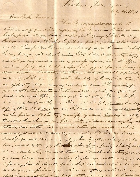 1841 ORIGINAL STAMPLESS MANUSCRIPT LETTER HANDWRITTEN BY HIS ELDER BROTHER FILLED WITH ADVICE, ADMONITIONS [AND WARNINGS AGAINST INTERCOURSE] TO A NEWLY MINTED MIDSHIPMAN ON THE SLOOP OF WAR CYANE