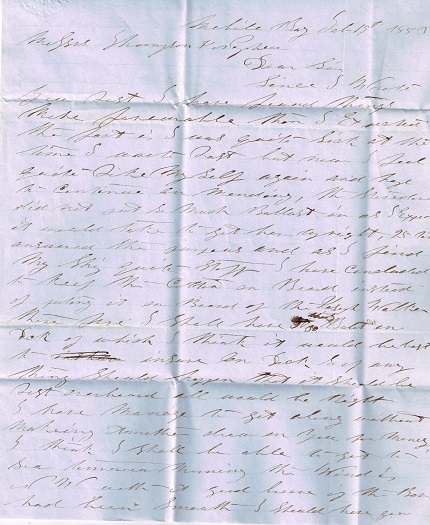1853 ORIGINAL MANUSCRIPT LETTER AND HANDWRITTEN RELIC OF SEA FARING COMMERCE HANDWRITTEN BY A CAPTAIN VERY SOON TO BE NOTED IN DISPATCHES FOR HIS GALLANT SAVING OF PASSENGERS AND CREW IN THE 'SAN FRANCISCO' SHIPPING DISASTER