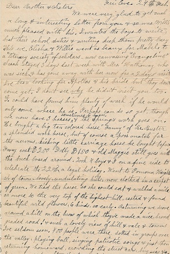 1888 ORIGINAL, CHARMING MANUSCRIPT LETTER HOME TO HER SIBLINGS IN NEW YORK STATE DESCRIBING HER LIFE IN POMONA CALIFORNIA 'NOW WITH 3 HORSES'