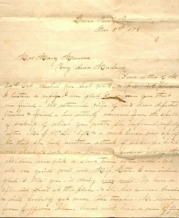 1878 ORIGINAL MANUSCRIPT LETTER HANDWRITTEN BY AN ALABAMA FRIEND OF THE MCLAUGHLIN FAMILY REPORTING ON THE STATE OF FAMILY INTERESTS NOW THAT ARCHIE HAS PASSED