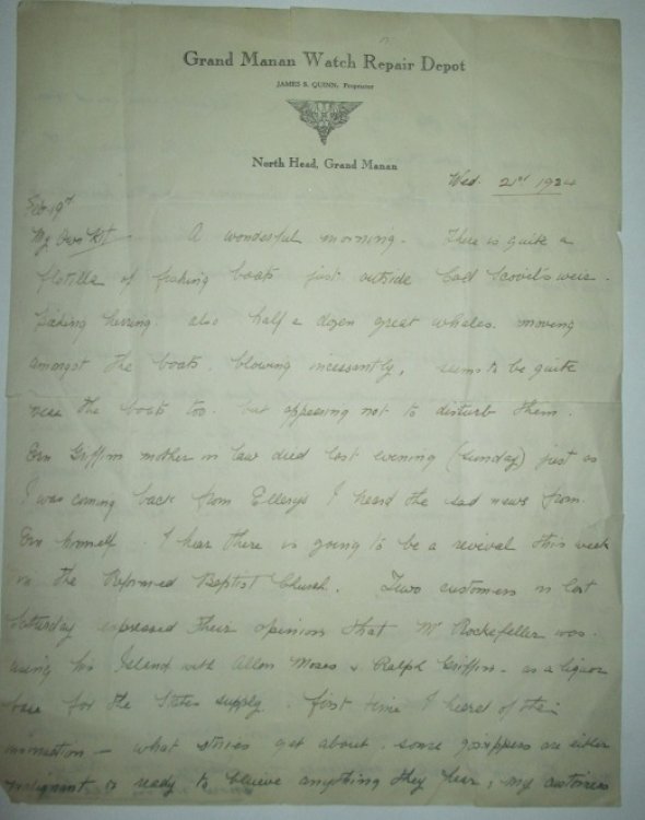 1934 ORIGINAL MANUSCRIPT LETTER HANDWRITTEN BY A GRAND MANAN NEW BRUNSWICKER WHO REGALES HIS FRIEND WITH TALES OF WHALES AND RUM RUNNING ROCKEFELLERS
