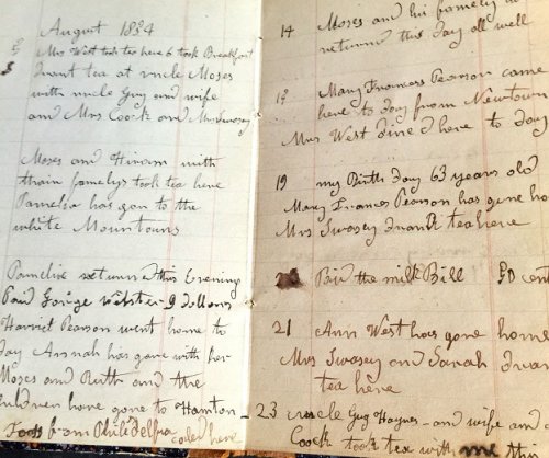 1854 ORIGINAL NAIVE MANUSCRIPT DIARY FILLED WITH THE DAILY DETAILS OF LIFE IN EAST BOSTON HANDWRITTEN BY A ELDERLY WOMAN WHO STILL REMEMBERS THAT HER FATHER WOULD HAVE BEEN 112 HAD HE LIVED