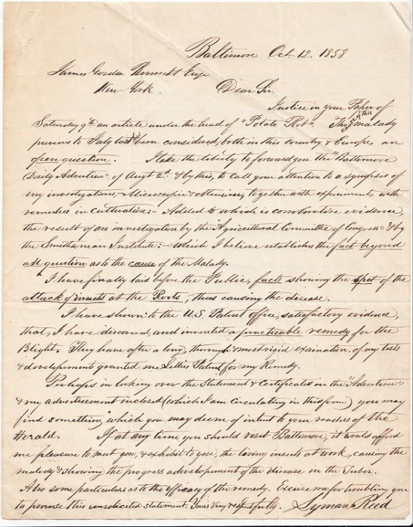 1858 ORIGINAL MANUSCRIPT LETTER REVEALING A CRITICAL AGRICULTURAL SCIENTIFIC DISCOVERY RELATED TO POTATO ROT BY A BALTIMORE AREA NATURALIST