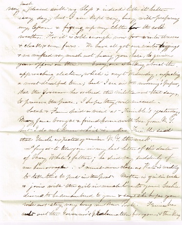 1857 ORIGINAL MANUSCRIPT PAIR [2] OF LETTERS HANDWRITTEN BY A BALTIMORE SISTER TO HER NEW YORK BROTHER WHO AMIDST THE BREEZY FAMILY TALK VOICES CONCERNS OVER THE ELECTIONS AND THE MOBS