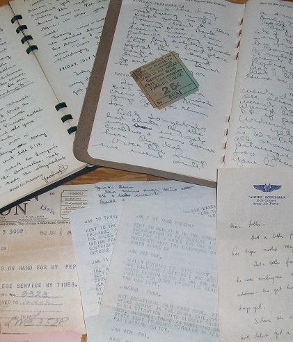 1941 + 1945 ORIGINAL PAIR [2] OF MANUSCRIPT DIARIES HANDWRITTEN BY A JEWISH HIGH SCHOOL SENIOR, THEN COLLEGE FRESHMAN AND 3 YEARS AND ONE WAR LATER A MAN SEARCHING THE FLESHPOTS OF ASIA AND RAINING DEATH ON AMERICA'S ENEMIES