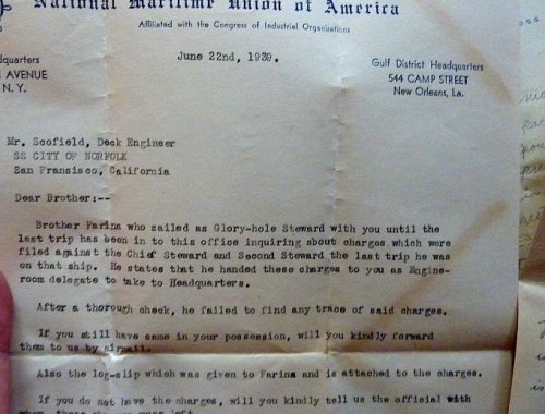 c1935 - 1950s ORIGINAL GROUP OF 120+ MANUSCRIPT LETTERS AND EPHEMERA OF A BALTIMORE MAN OF MANY PARTS: HUSBAND, FATHER, STEAMSHIP DECK ENGINEER, SEAMAN'S UNION REPRESENTATIVE, SHIP BOARD NEGOTIATOR AND LABOR ACTIVIST