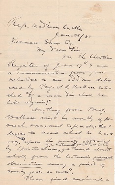 1888 ORIGINAL MANUSCRIPT LETTER HANDWRITTEN BY AN ALABAMA MAN 'WEDDED' TO OLD SOUTHERN THEOLOGICAL DOGMA NOW SEEKING SPIRITUAL ENLIGHTENMENT FROM A MADISON COUNTY MEDIUM