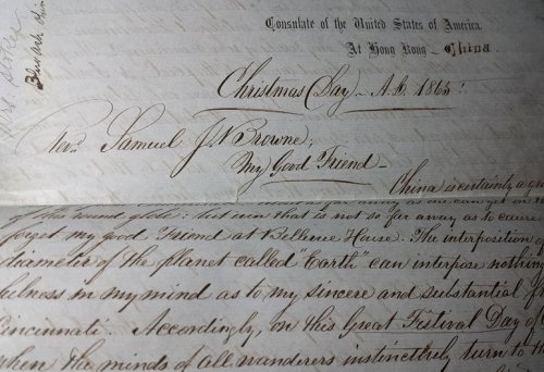 1865 ORIGINAL MANUSCRIPT PAIR [2] OF HANDWRITTEN LETTERS EXHAUSTIVELY DETAILING HIS LIFE AND KEEN EYED VIEW OF CHINA, HONG KONG AND US RELATIONS BY AMERICA'S CONSUL TO CHINA