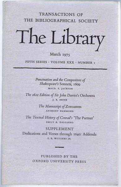 The Transactions of the Bibliographical Society, The Library, Fifth Series, Volume XXX, Number 1 March 1975,
