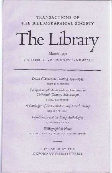 The Transactions of the Bibliographical Society, The Library, Fifth Series, Volume XXVII, Number 1 March 1972