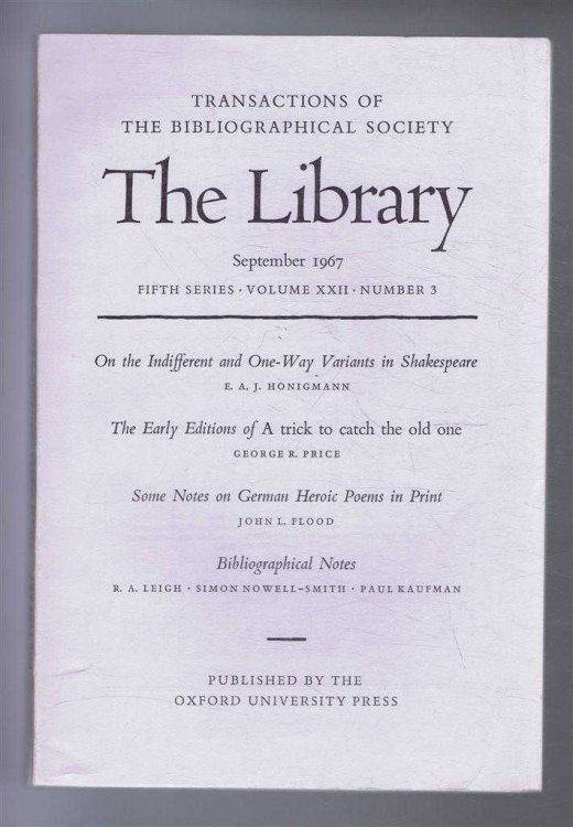The Transactions of the Bibliographical Society, The Library, Fifth Series, Volume XII, Number 3, September 1967