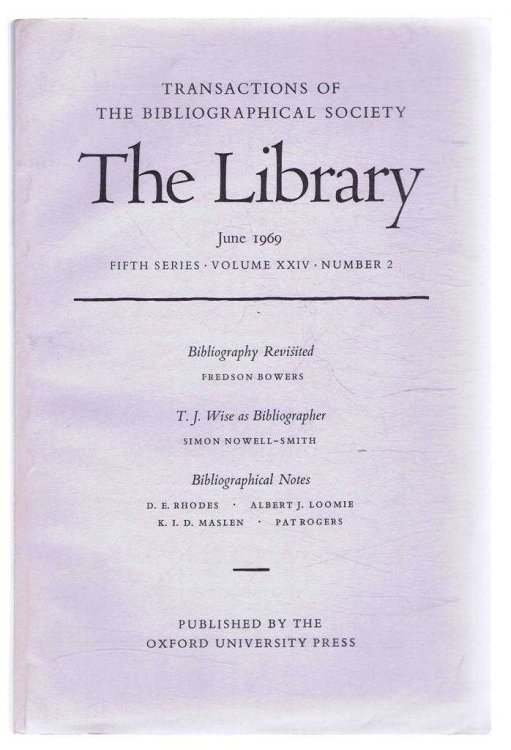 The Transactions of the Bibliographical Society, The Library, Fifth Series, Volume XXIV, Number 2, June 1969