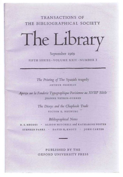 The Transactions of the Bibliographical Society, The Library, Fifth Series, Volume XXIV, Number 3, September 1969