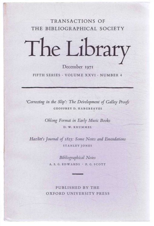 Transactions of the Bibliographical Society, The Library, Fifth Series, Volume XXVI, Number 4, December 1971