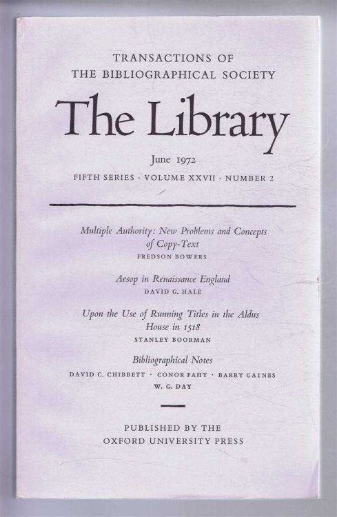 The Transactions of the Bibliographical Society, The Library, Fifth Series, Volume XXVII, Number 2 June 1972