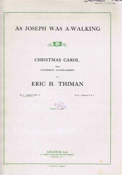As Joseph Was a-Walking, Christmas Carol with Pianoforte Accompaniment, No.1 C sharp to E.
