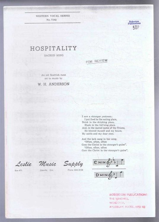 Hospitality, Sacred Song. C Minor, middle C to E. An old Scottish rune set to music. Western Vocal series No. 7502