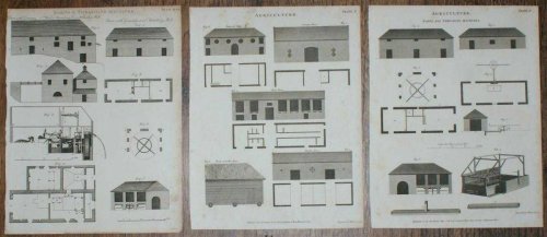 Three Engraved Plates from C19 Agricultural Book showing Barns and Thrashing (Threshing) Machines in Plan and Elevation