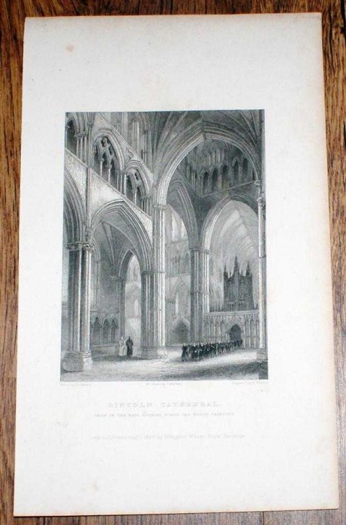 Disbound Engraving of Lincoln Cathedral, in the nave, looking across the north transept