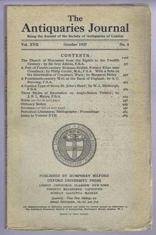 The Antiquaries Journal, Being the Journal of The Society of Antiquaries of London, Volume XVII 1937, Number 4. October 1937