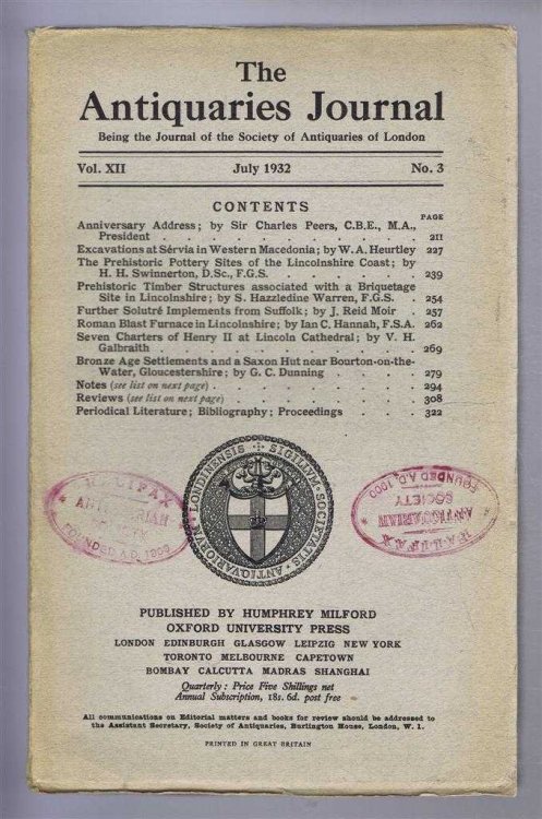 The Antiquaries Journal, Being the Journal of the Society of Antiquaries of London, Vol XII, No. 3, July 1932