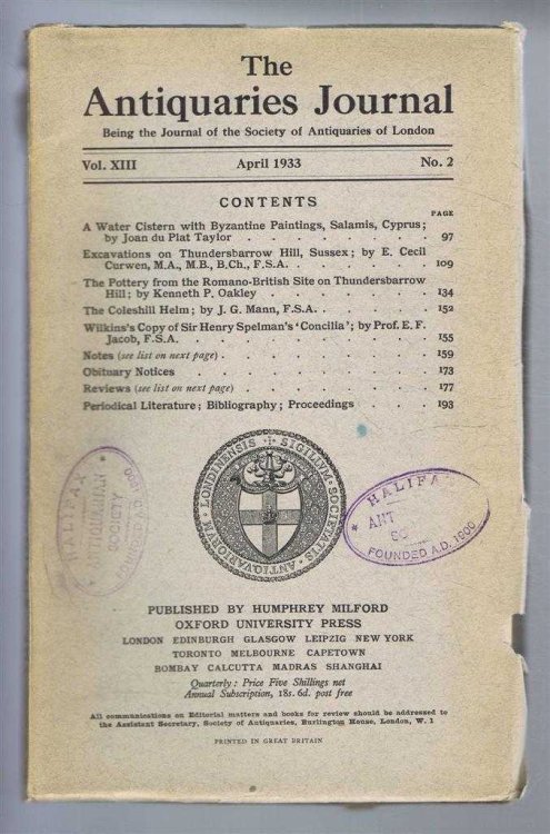 The Antiquaries Journal, Being the Journal of the Society of Antiquaries of London, Vol XIII, No. 2, April 1933
