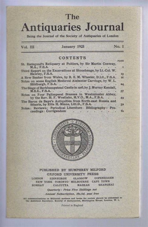 The Antiquaries Journal, Being the Journal of the Society of Antiquaries of London, Vol III, No. 1, January 1923