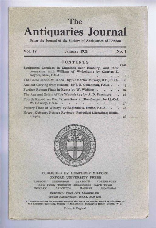 The Antiquaries Journal, Being the Journal of the Society of Antiquaries of London, Vol IV, No. 1, January 1924