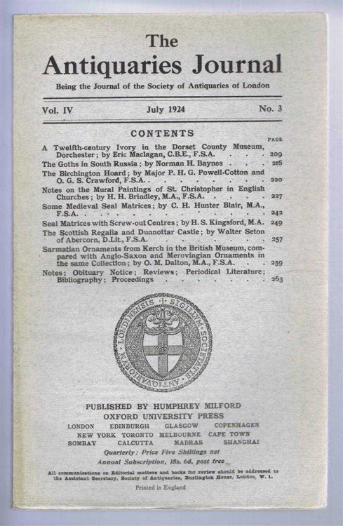 The Antiquaries Journal, Being the Journal of the Society of Antiquaries of London, Vol IV, No. 3, July 1924