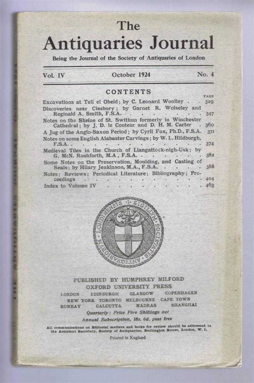 The Antiquaries Journal, Being the Journal of the Society of Antiquaries of London, Vol IV, No. 4, October 1924