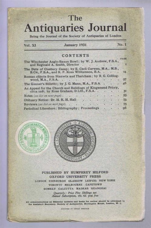 The Antiquaries Journal, Being the Journal of the Society of Antiquaries of London, Vol XI, No. 1, January 1931