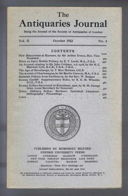 The Antiquaries Journal, Being the Journal of the Society of Antiquaries of London, Vol II, No. 4, October 1922