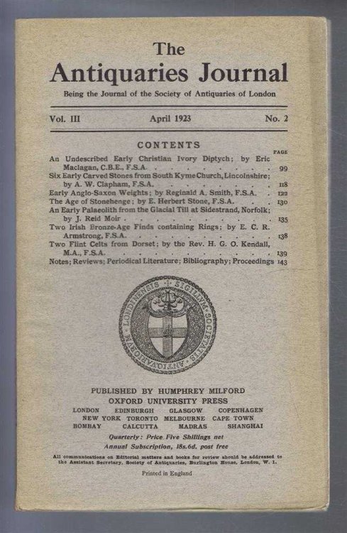 The Antiquaries Journal, Being the Journal of the Society of Antiquaries of London, Vol III, No. 2, April 1923