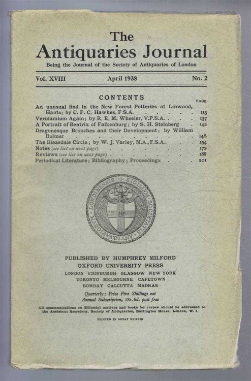 The Antiquaries Journal, Being the Journal of the Society of Antiquaries of London, Vol XVIII, No. 2, April 1938