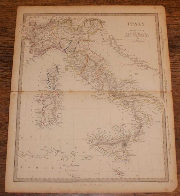 Map of Italy including Sicily, Malta, Sardinia, Corsica etc. - disbound sheet from 1857 