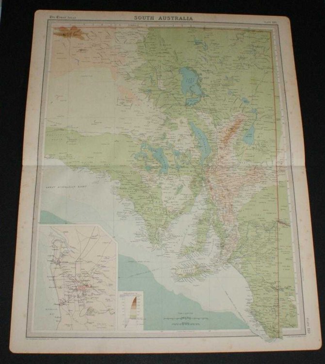 Map of South Australia from the 1920 Times Survey Atlas (Plate 110) including inset map of Adelaide and Environs