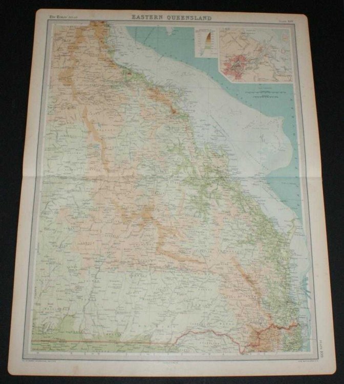 Map of Eastern Queensland, Australia from the 1920 Times Survey Atlas (Plate 109) including inset map of Brisbane and Environs
