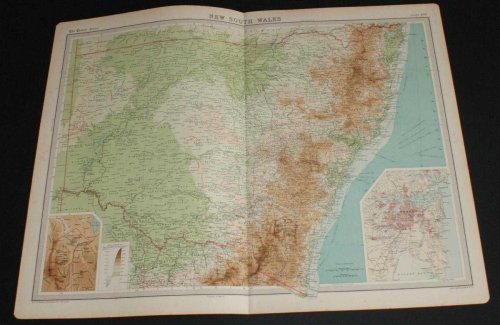 Map of New South Wales, Australia from the 1920 Times Survey Atlas (Plate 108) including inset maps of Canberra and Sydney and environs