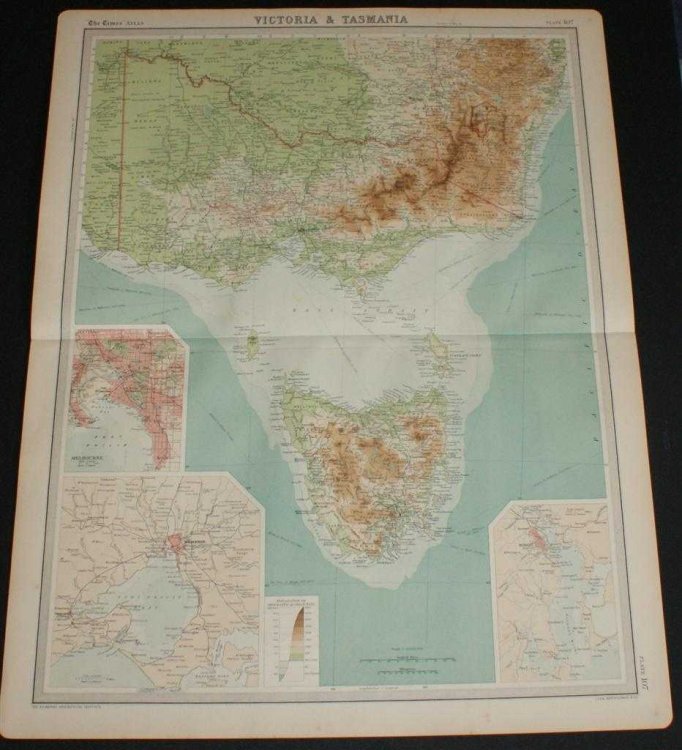 Map of Victoria and Tasmania, Australia from the 1920 Times Survey Atlas (Plate 107) including inset maps of Melbourne and Hobart and environs