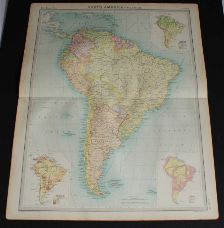 Map of South America from the 1920 Times Survey Atlas (Plate 104 South America - Political) Including Inset Maps for Population Density, Race and Vegetation