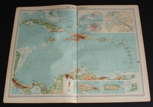 Map of The West Indies from the 1920 Times Survey Atlas (Plate 96) with Inset Maps of Kingston, Havana, Panama Canal, Jamaica, Porto Rico and Trinidad at larger scales