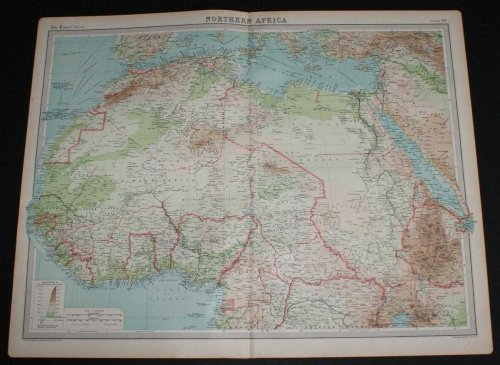 Map of Northern Africa from the 1920 Times Survey Atlas (Plate 69) including Morocco, Algeria, Libya, Egypt, Senegal, French West Africa, Nigeria, Cameroon, Uganda, Red Sea, etc.