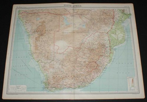 Map of South Africa from the 1920 Times Survey Atlas (Plate 71) including Cape Province, Orange Free State, Transvaal, Bechuanaland Protectorate, Southern Rhodesia, South West Africa, Swaziland, Natal, Portuguese East Africa, etc.