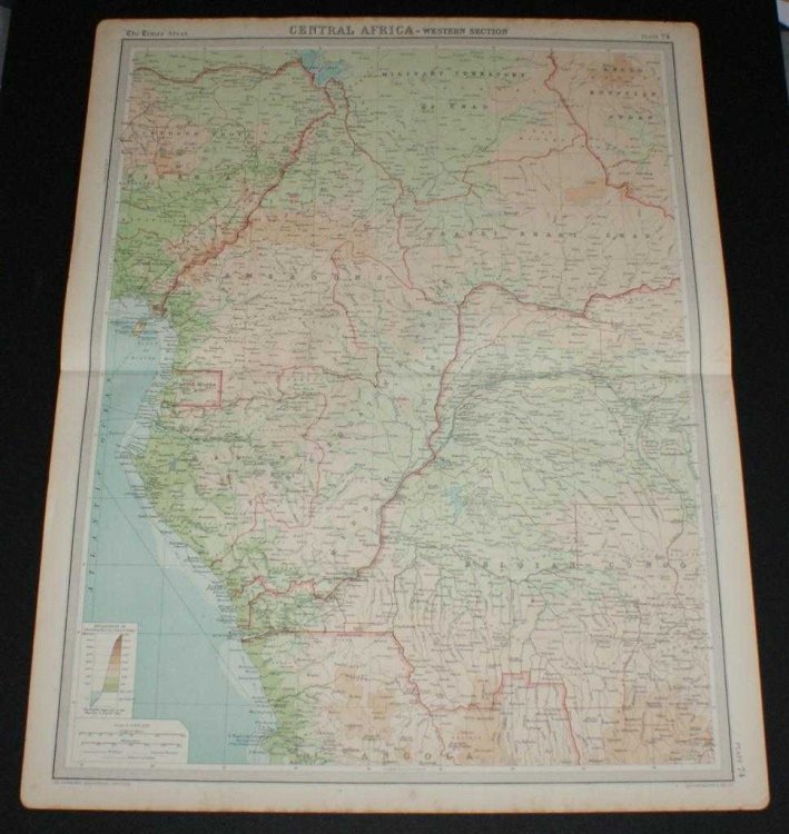 Map of Central Africa - Western Section from the 1920 Times Survey Atlas (Plate 74) including Unbangi-Shari-Chad, Cammeroons, French Equatorial Africa, Gabon, Spanish Guinea, Belgian Congo (part), Nigeria (part), etc.