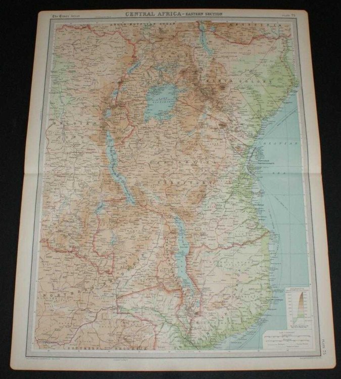 Map of Central Africa - Eastern Section from the 1920 Times Survey Atlas (Plate 75) including Lake Victoria, Uganda, Kenya Colony, Tanganyika Territory, Belgian Congo (part), Northern Rhodesia (part), Nyasaland Protectorate, etc.