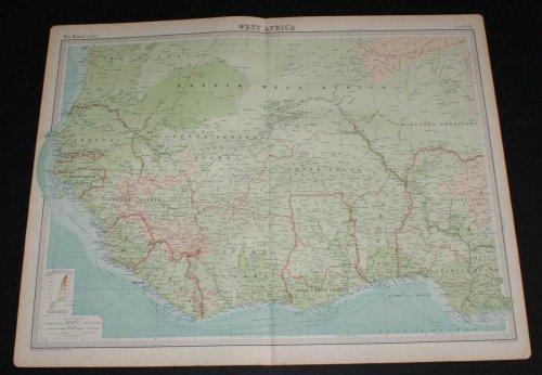 Map of West Africa from the 1920 Times Survey Atlas (Plate 76) including Ivory Coast, Liberia, Gold Coast Colony, Dahomey, Upper Volta, Upper Senegal and Niger, French Guinea, French West Africa (part), Sierra Leone, etc.